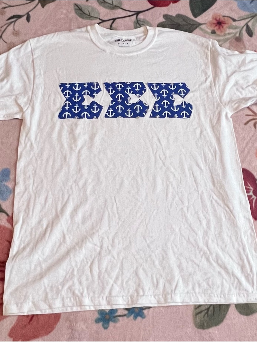 Gildan White Tee with Blue Anchor Graphic